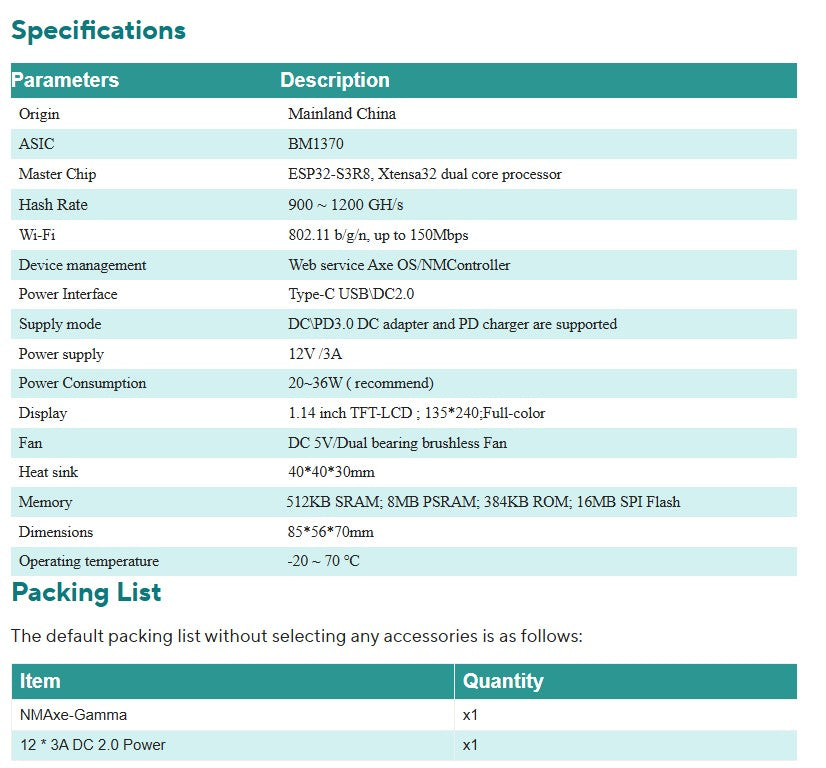 NMAxe Gamma optimized Bitaxe 601 NMMiner BM1370 ASIC 1.2TH (UK,SG Plug)